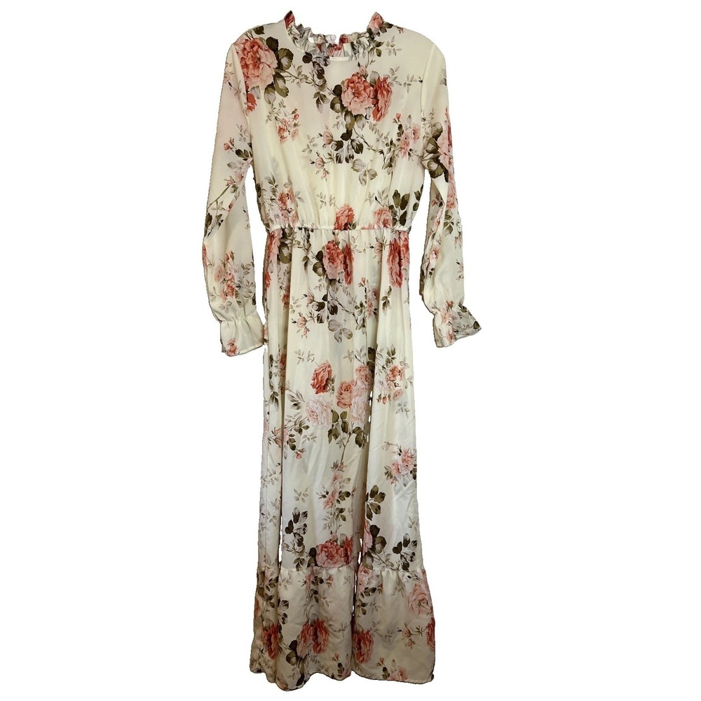 Cottagecore Floral Ruffle Crew Neck Collar Long Sleeve Maxi Dress Size Medium